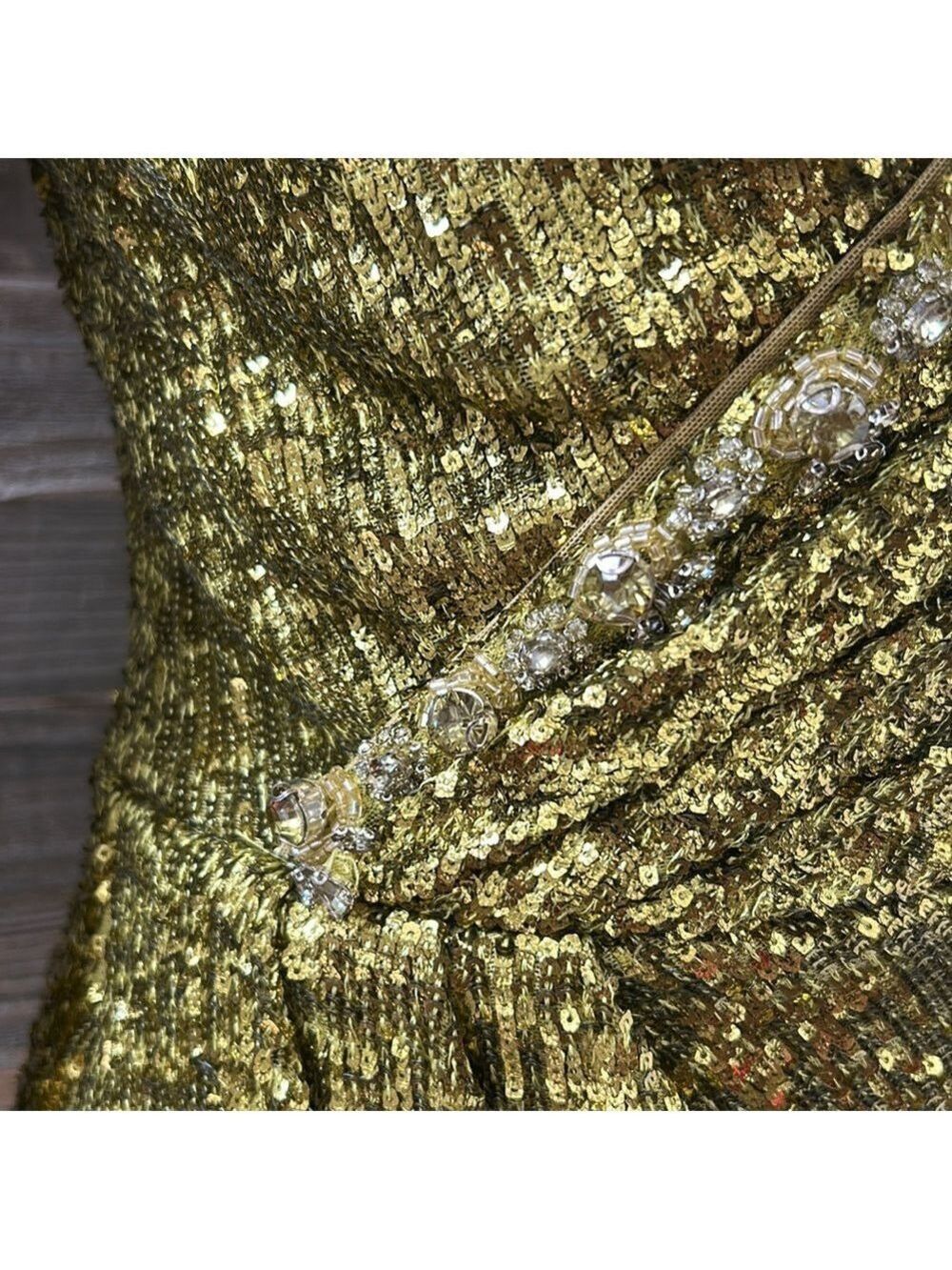 Theia Green Sequin Mesh Faux Wrap MIDI Dress 3/4 Length Sleeve Size 4 NWT - Picture 3 of 12
